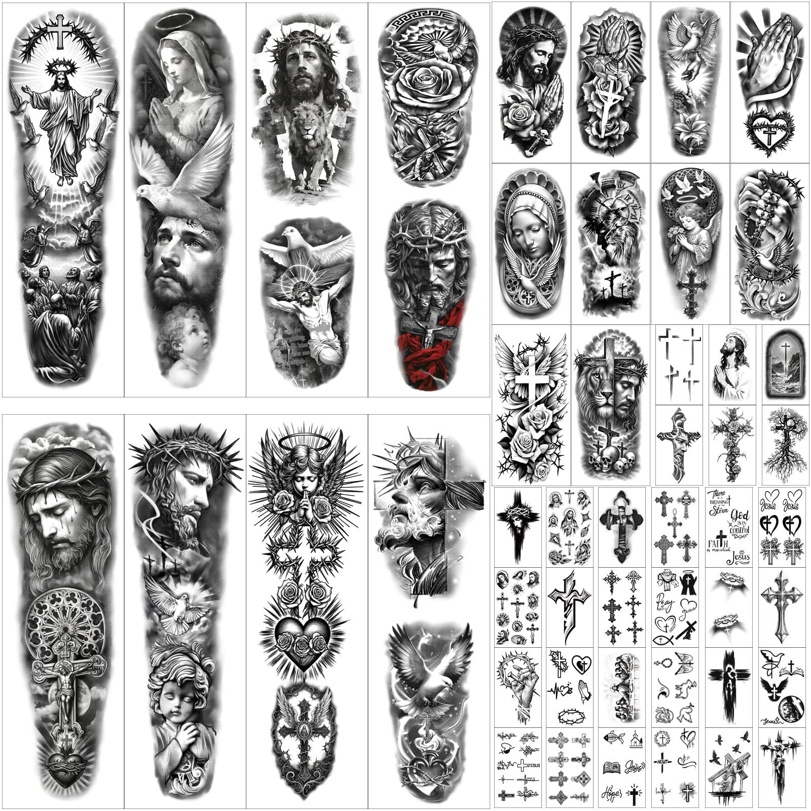 Gabizafia full-arm sleeve Jesus cross tattoo for bold, water-resistant body art.