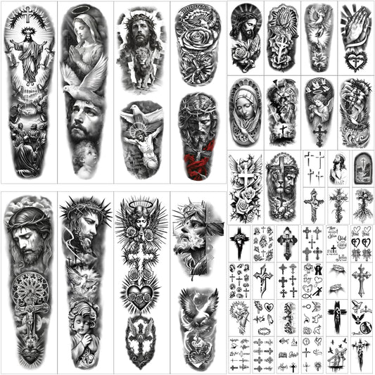Gabizafia full-arm sleeve Jesus cross tattoo for bold, water-resistant body art.