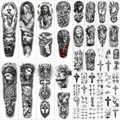 Gabizafia full-arm sleeve Jesus cross tattoo for bold, water-resistant body art.