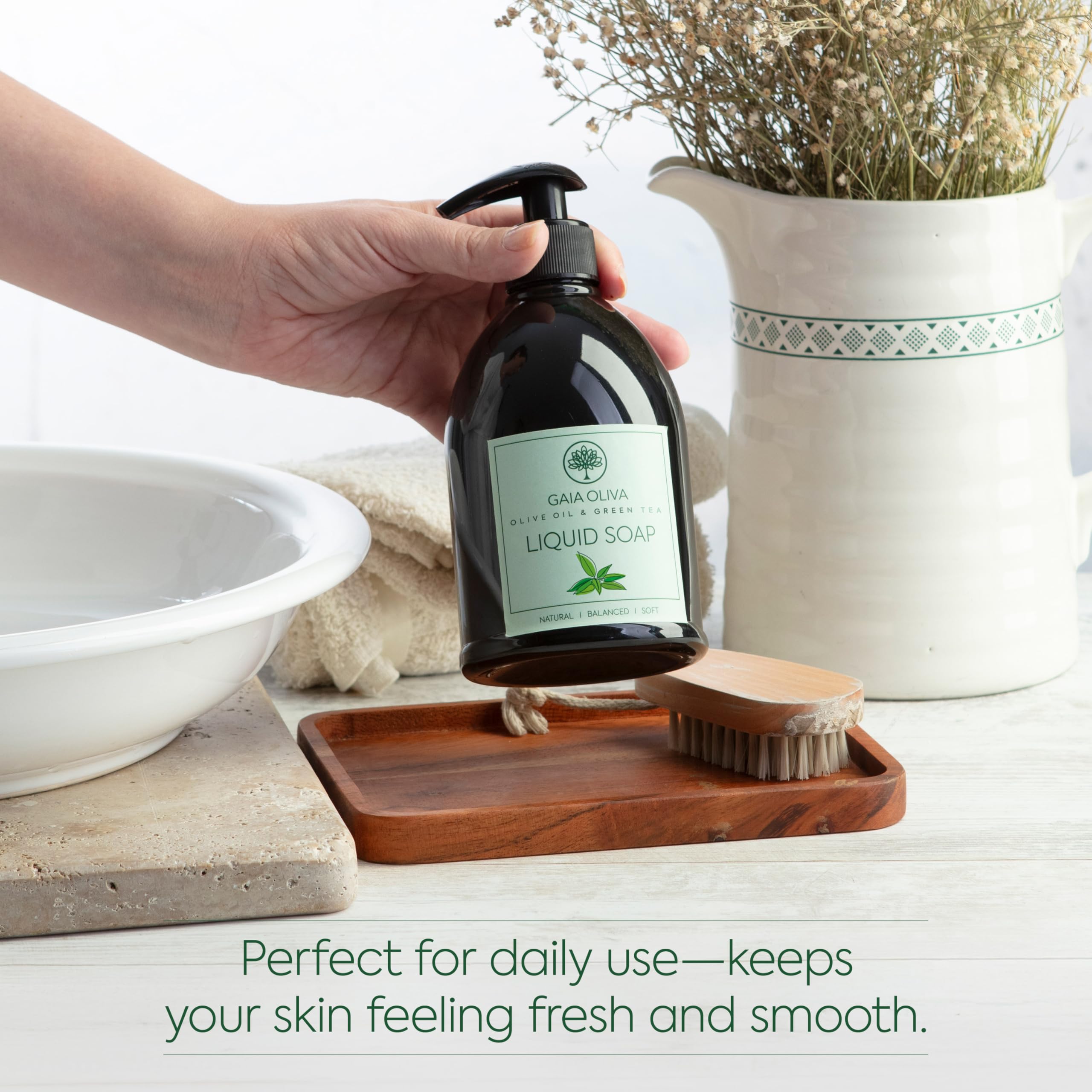 GAIA Oliva hand soap at a bathroom sink for daily cleansing.