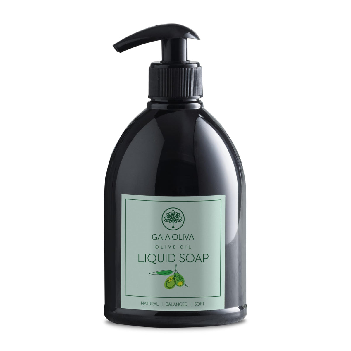 GAIA Oliva hand soap bottle with green tea scent for refreshing kitchen and bathroom cleansing.
