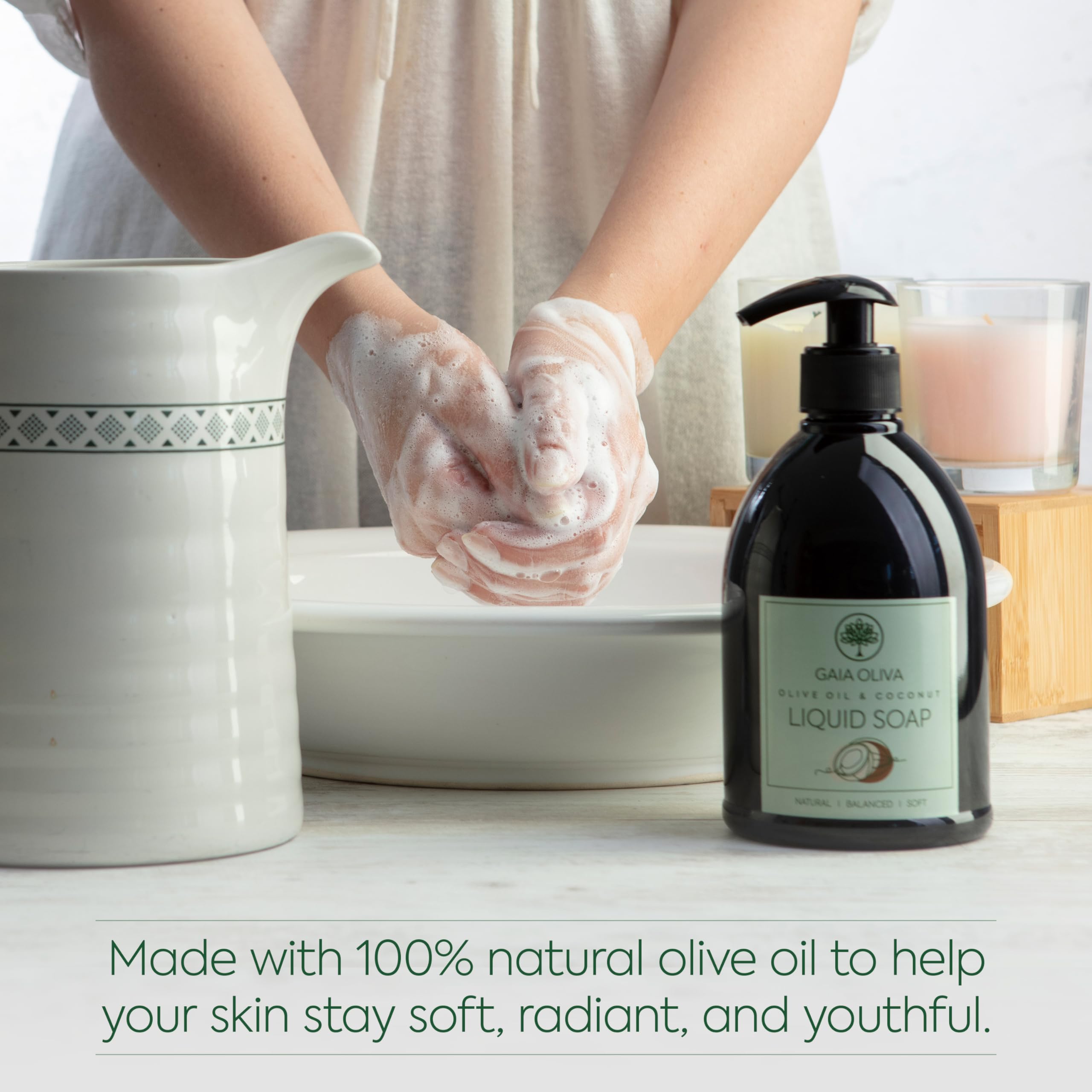 GAIA Oliva soap shown at kitchen and bathroom sinks for versatile use.
