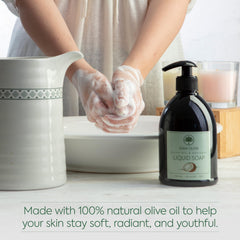 GAIA Oliva soap shown at kitchen and bathroom sinks for versatile use.