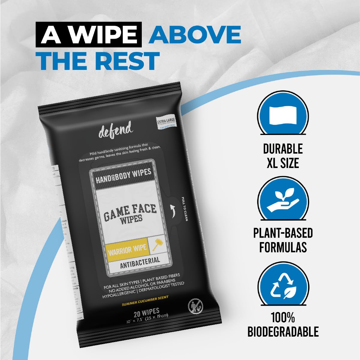 A hand uses Game Face Warrior Wipes after exercise for a fresh feel.