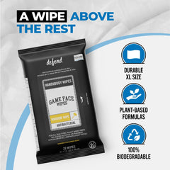 A hand uses Game Face Warrior Wipes after exercise for a fresh feel.