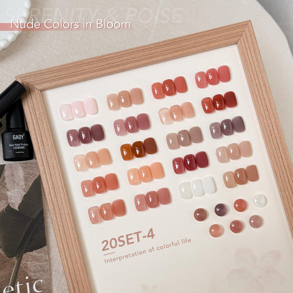 GAOY 20 jelly color swatches showing translucent shades for custom nail looks.