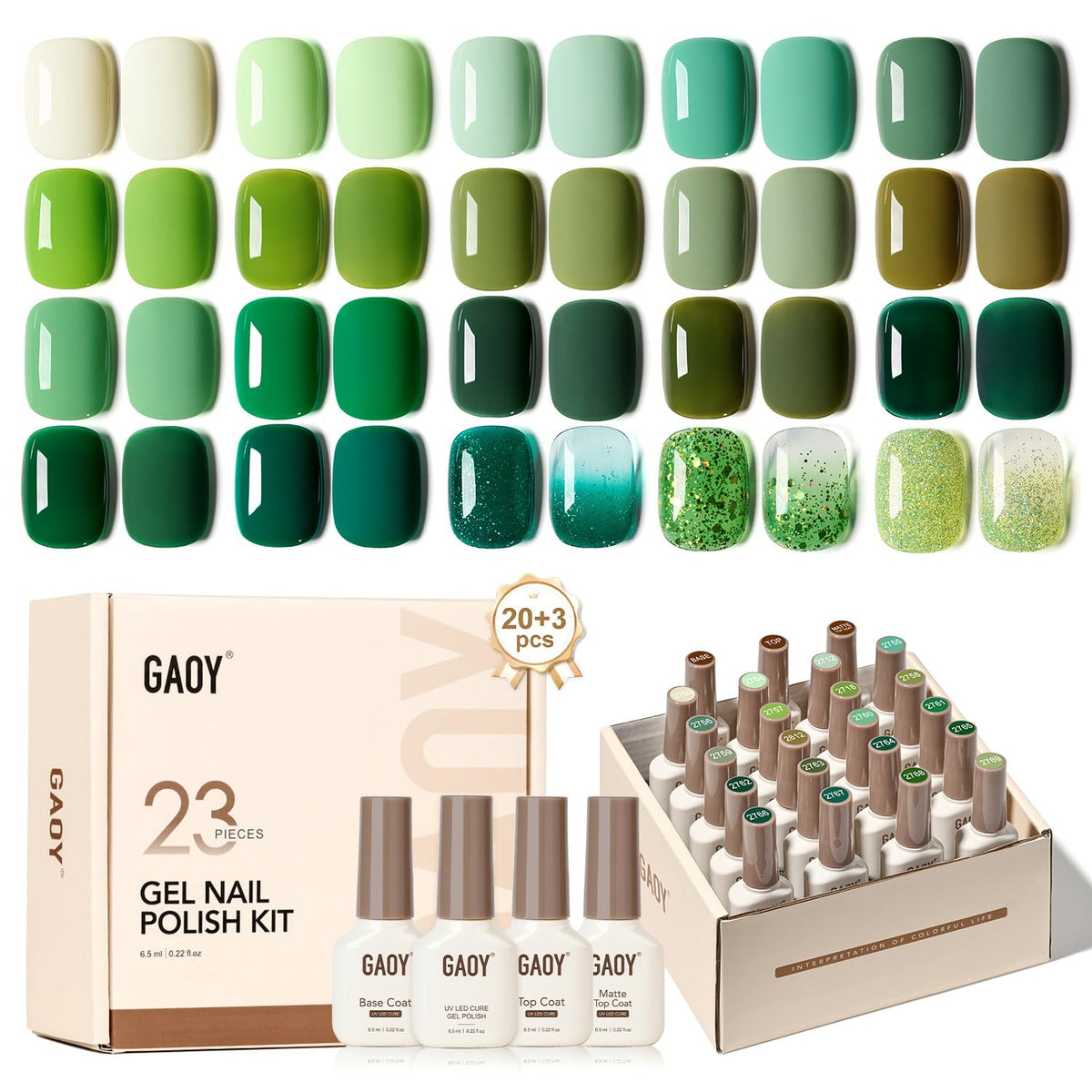 GAOY 23-piece gel polish kit with green glitter colors for all-season nail art at home