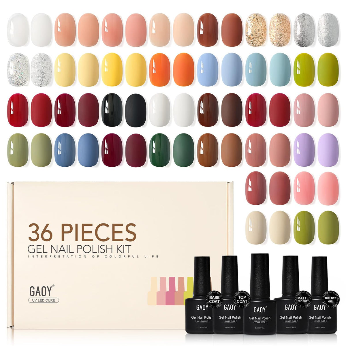 GAOY 36pcs gel nail polish set with 32 colors for all-season manicures.