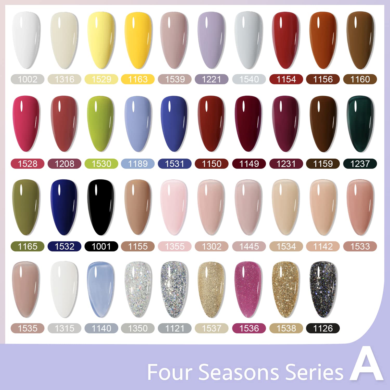 GAOY color swatches showing nude, glitter, and navy tones for all seasons