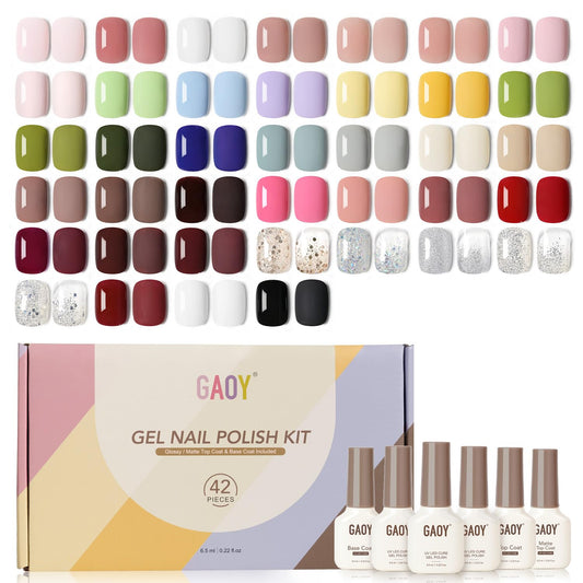 GAOY 42-pcs gel nail polish kit color palette with vibrant all-season shades.