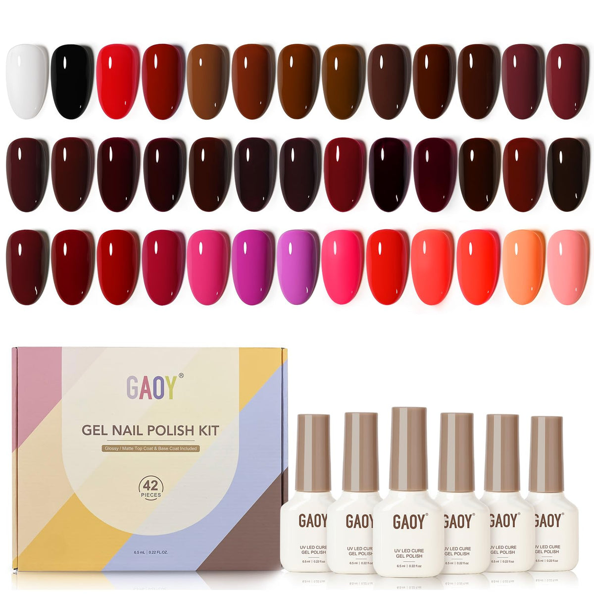 GAOY 42-pcs gel nail polish kit with glossy and matte top coats for home salon perfection
