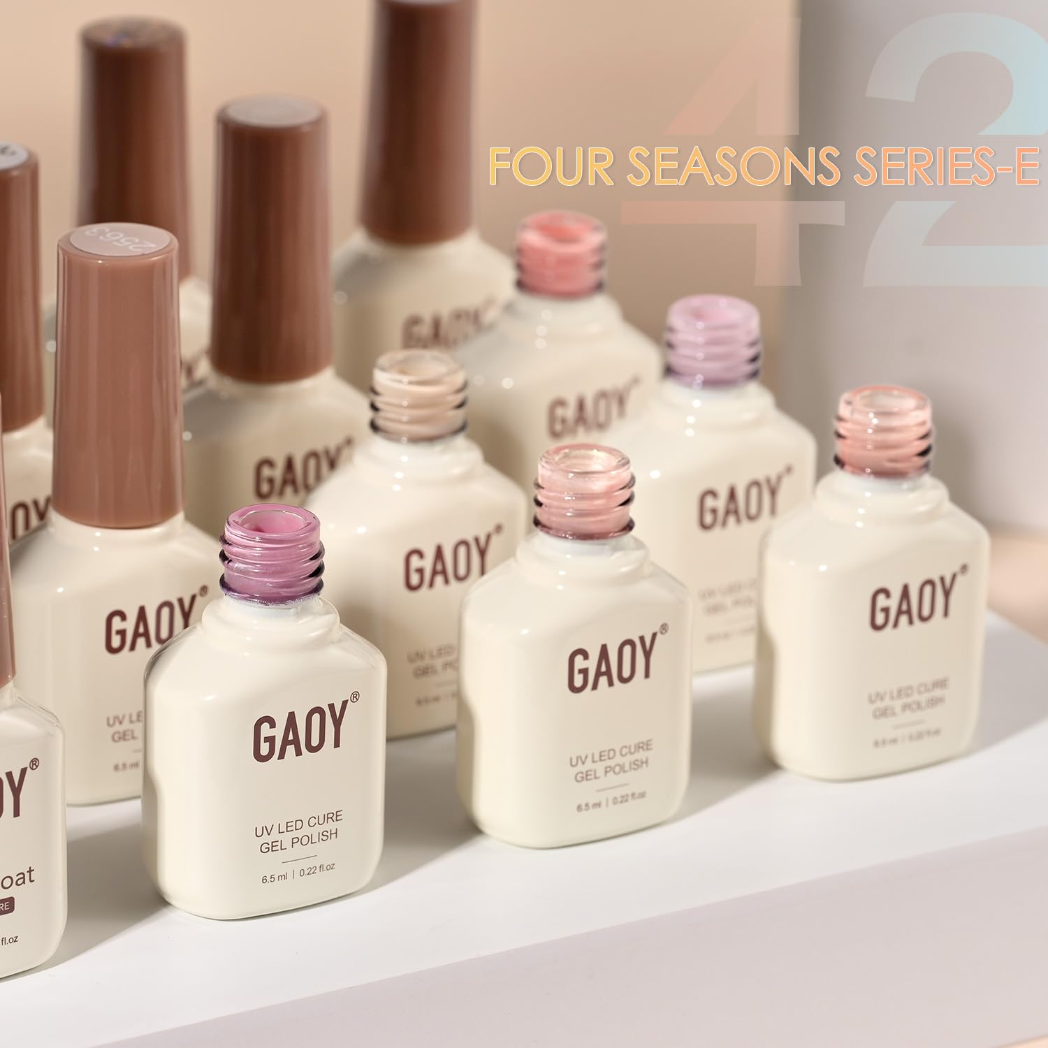 GAOY 42 Pcs Gel Nail Polish Kit nail bottles array for easy color selection.