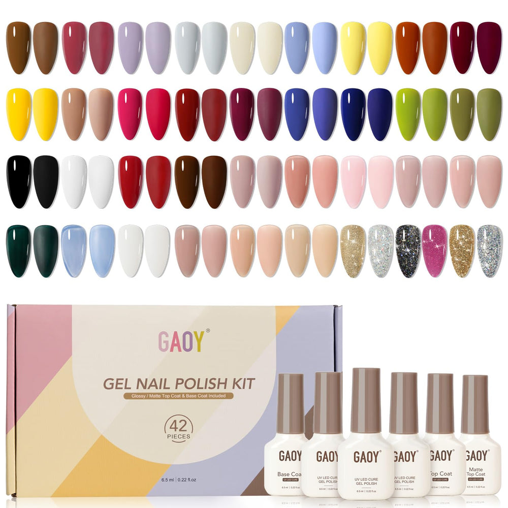 GAOY 42-pcs gel nail polish kit packaging with 39 colors and top coats