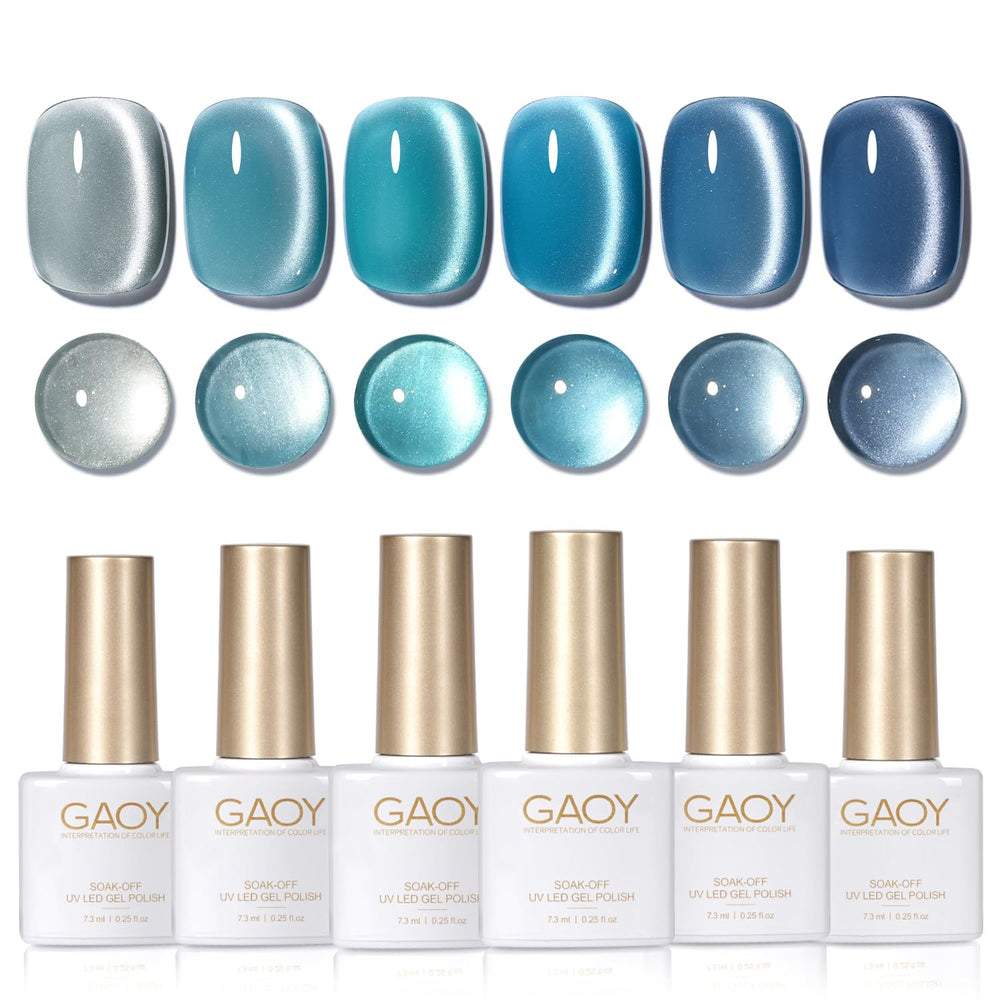 GAOY blue cat eye gel nail polish set displays shimmering blue hues for glamorous nails.