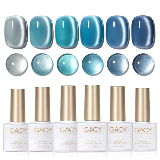 GAOY blue cat eye gel nail polish set displays shimmering blue hues for glamorous nails.