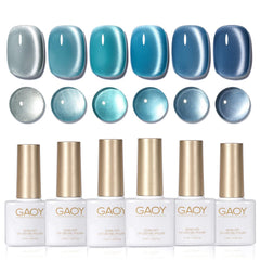 GAOY blue cat eye gel nail polish set displays shimmering blue hues for glamorous nails.