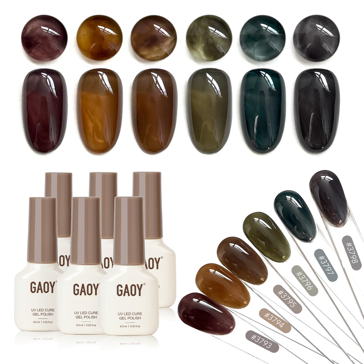 GAOY dark gel nail polish bottles with swatches for home or salon nails