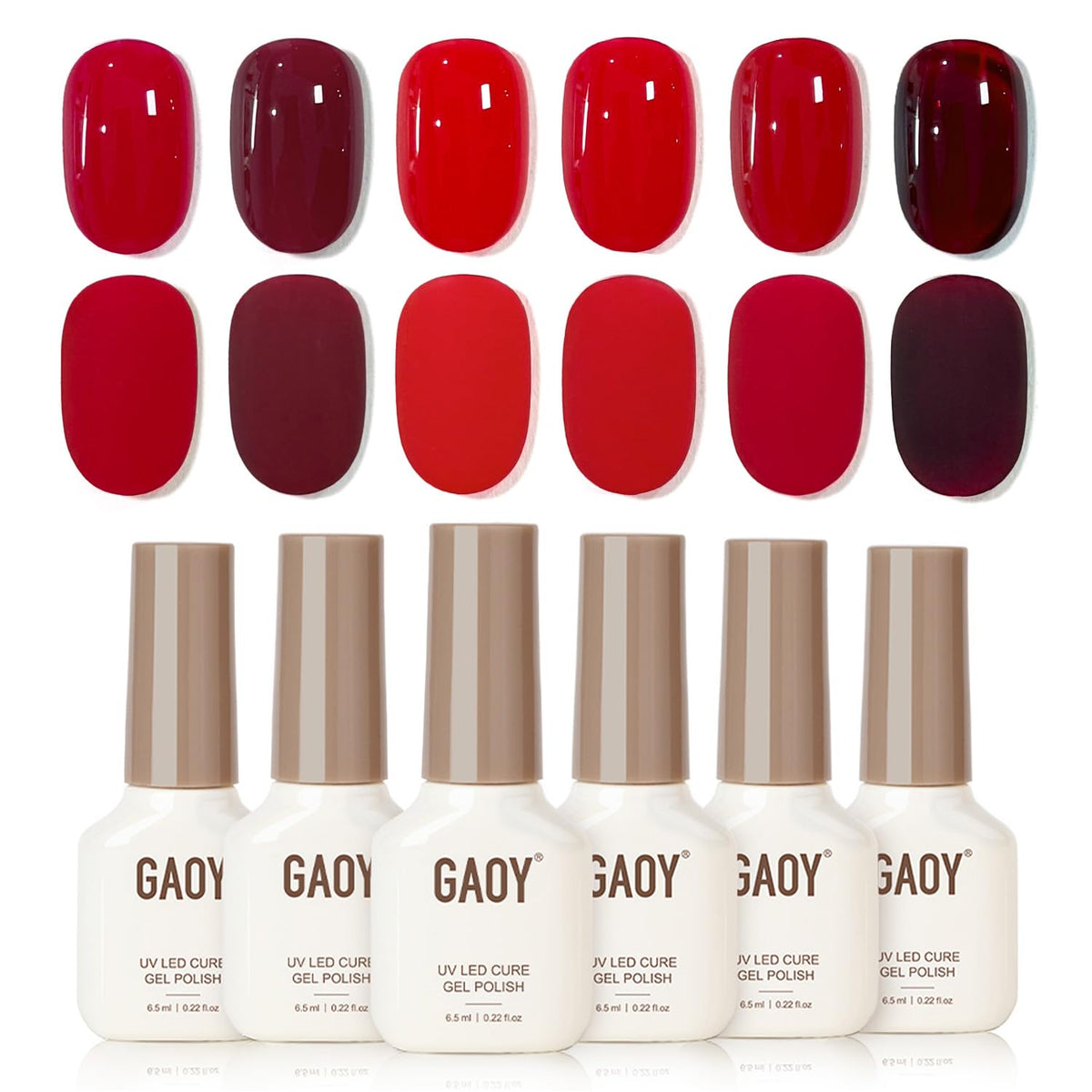 GAOY Festive Red gel polish pack shot with six color options for at-home manicures.