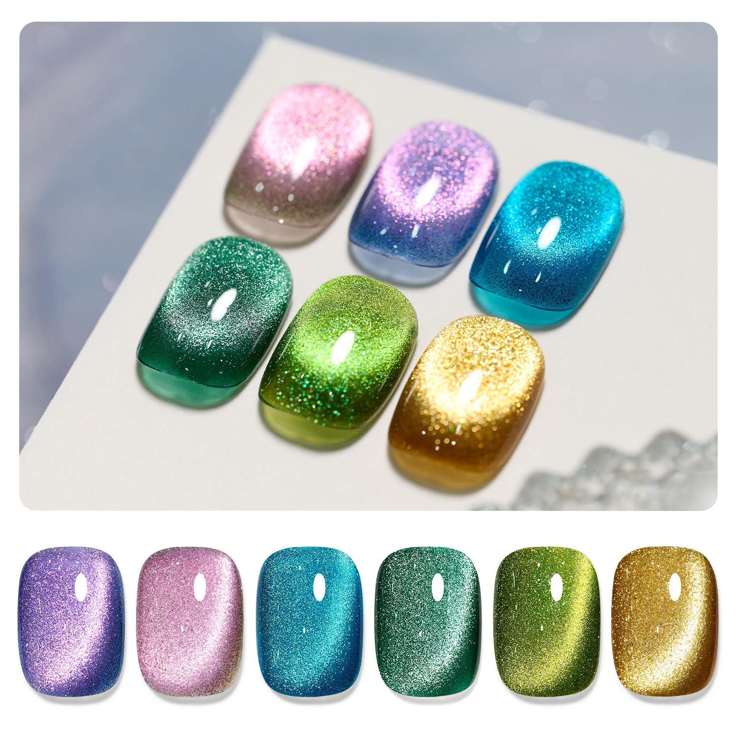 GAOY Glitter Cat Eye gel nail polish set bottles show vibrant colors for stunning nails.