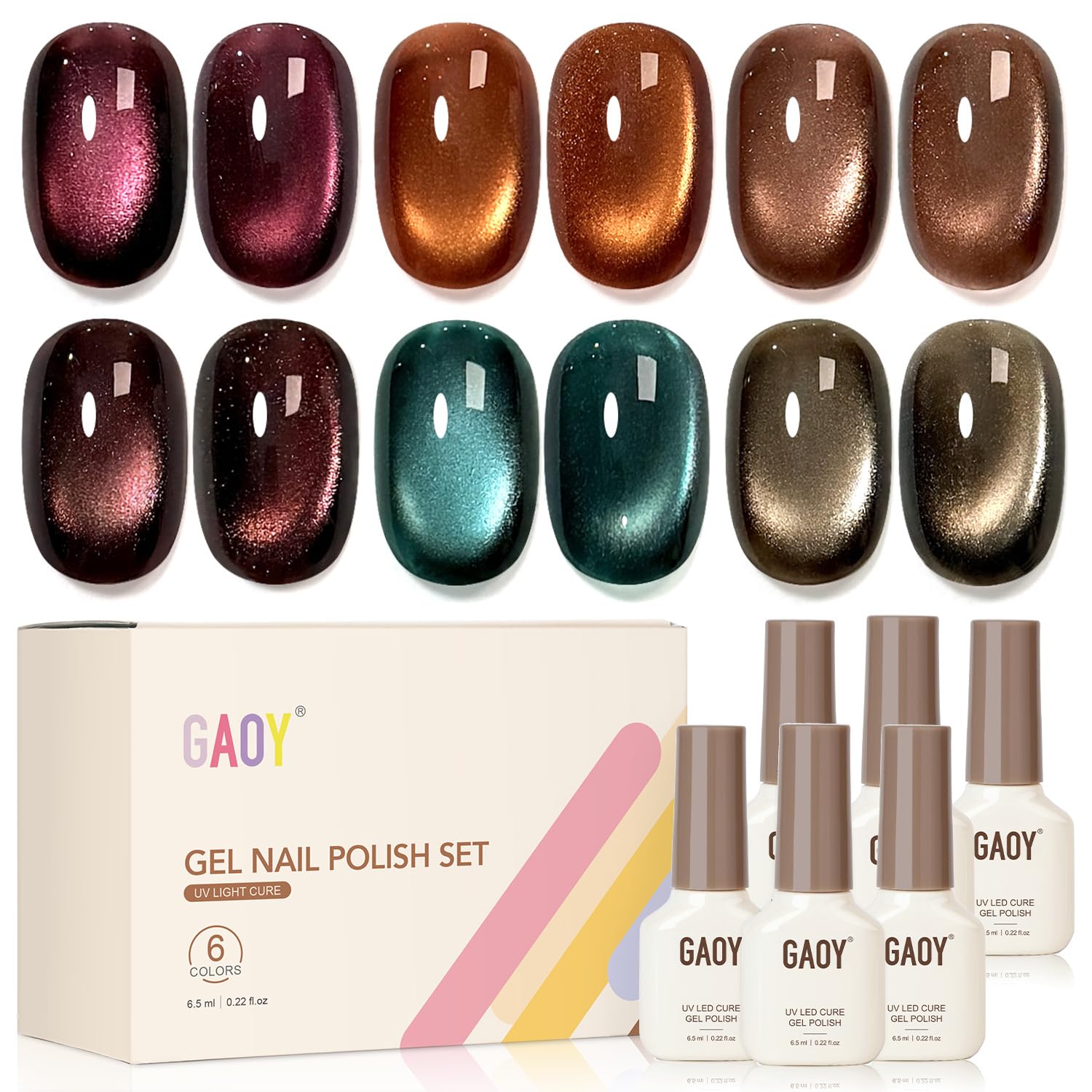 GAOY Glitter Cat Eye Brown Nail Polish shown on nails with rich shimmer.