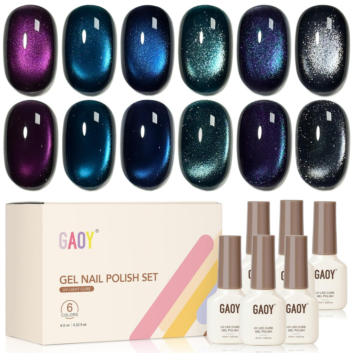 GAOY Glitter Cat Eye gel in purple shade for vibrant salon-quality nails.