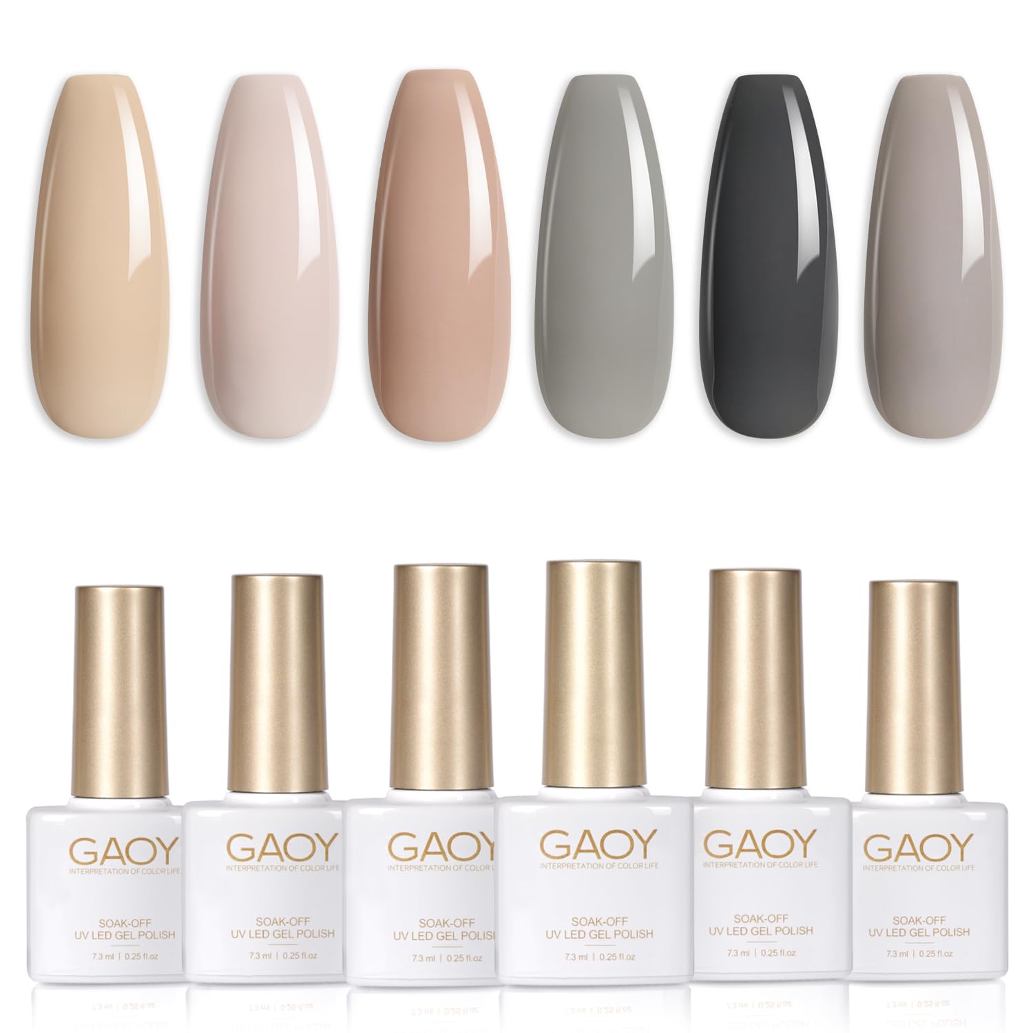 GAOY gray gel nail polish set with six nude-brown shades for at-home manicures.