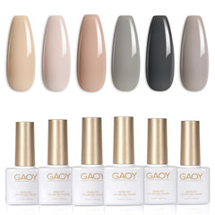 GAOY gray gel nail polish set with six nude-brown shades for at-home manicures.