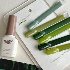 GAOY Jade Green gel polish bottles showing moss and emerald tones for versatile nail art