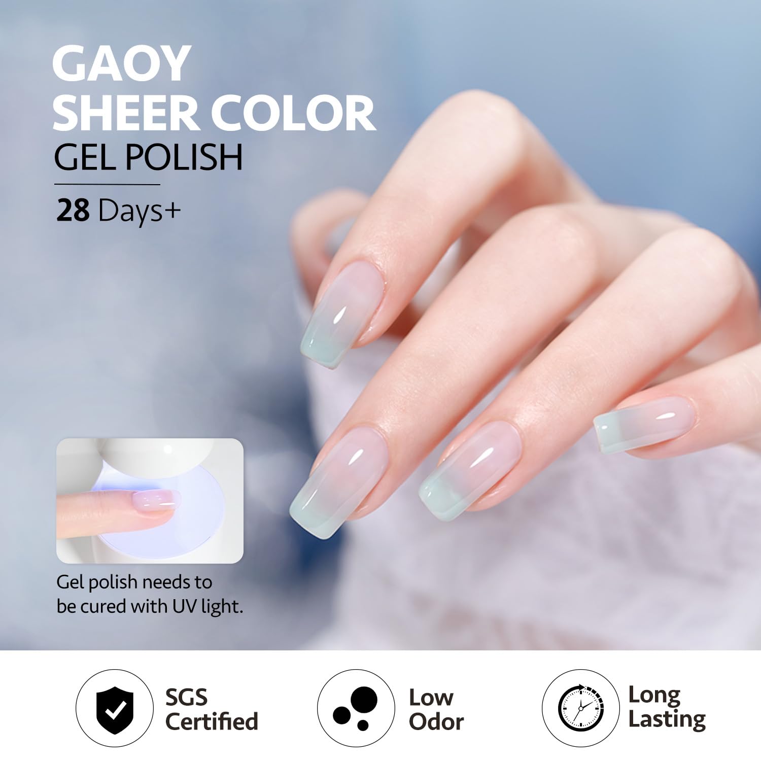 GAOY Jelly Blue gel polish set offers long wear with proper base and top coats