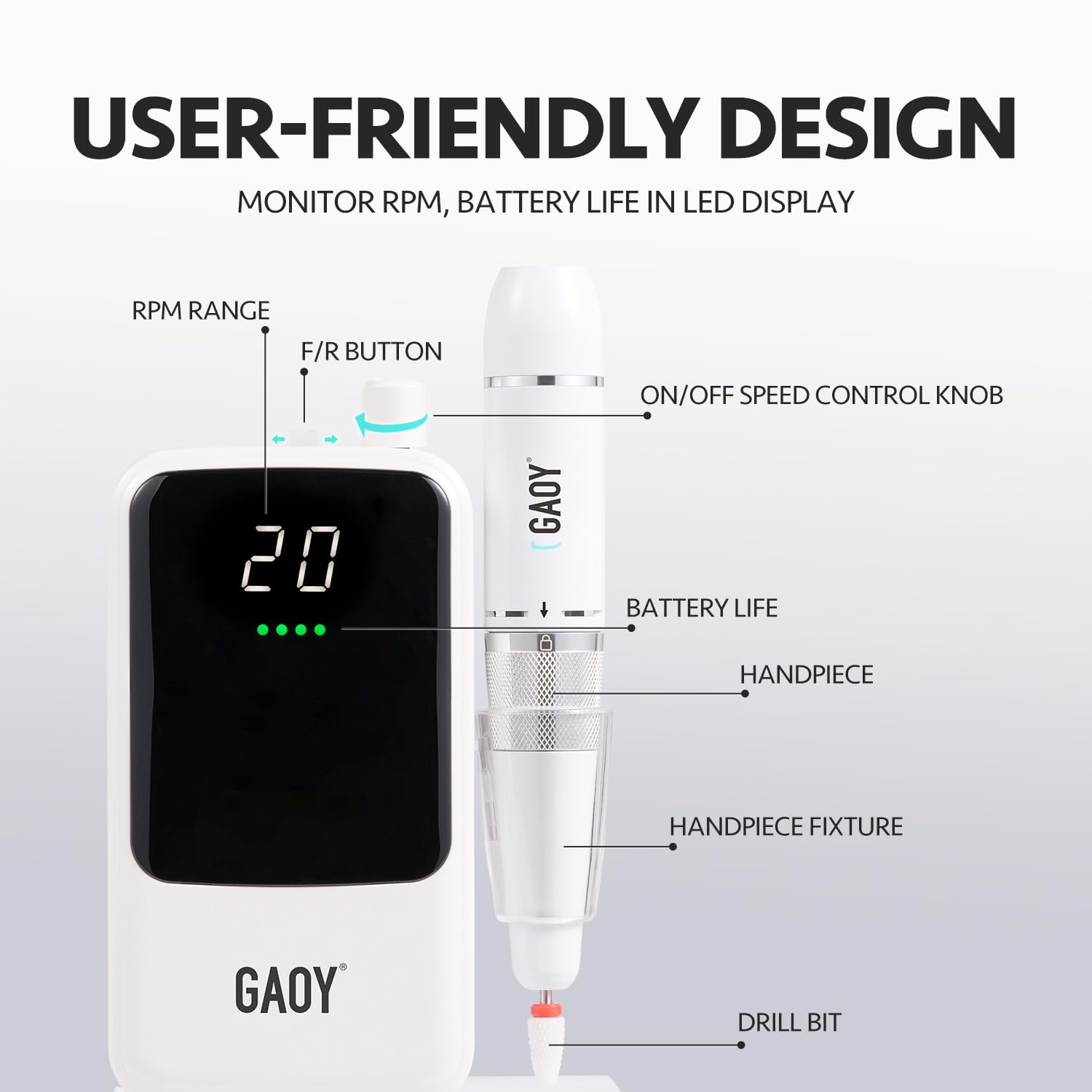 GAOY nail drill LED display showing RPM and battery status