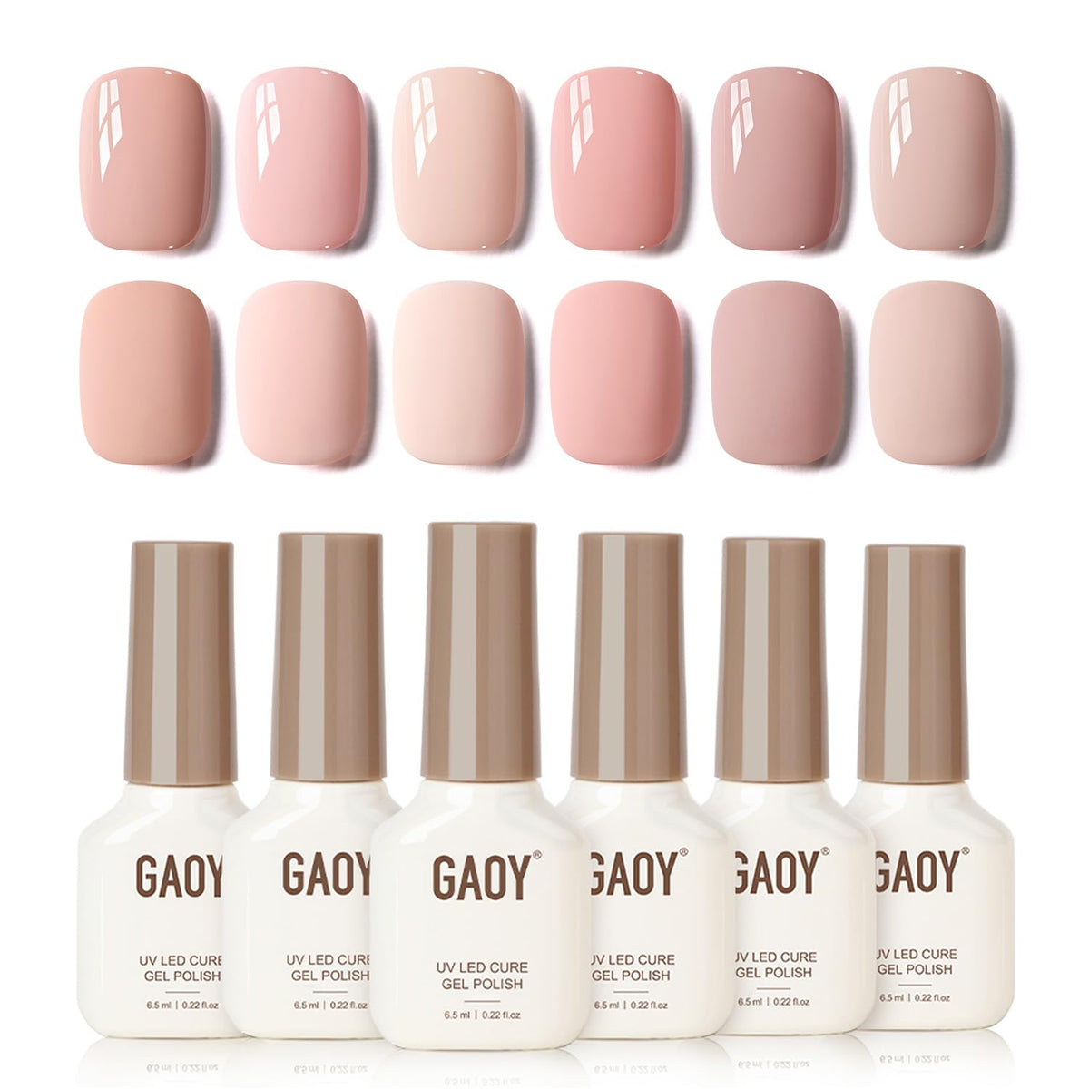 GAOY Macaron gel polish set with peach-pink-nude shades for chic at-home manicures.
