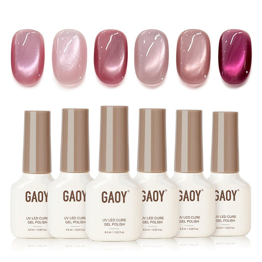 GAOY Pink Cat Eye Gel Nail Polish Set with magnet for versatile DIY manicure.