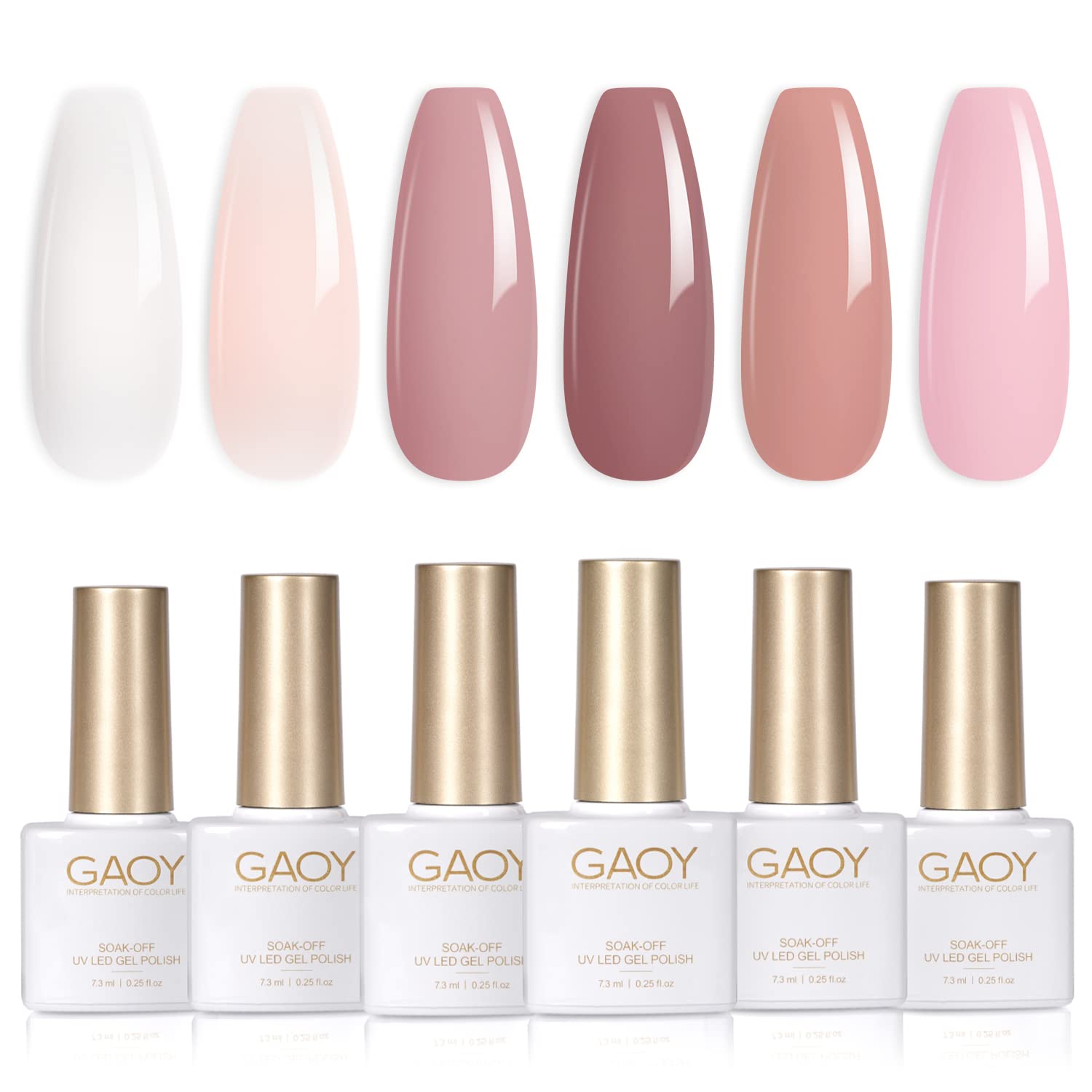 GAOY Pink Nude gel nail polish set packaging showing six neutral shades for at-home salon results.