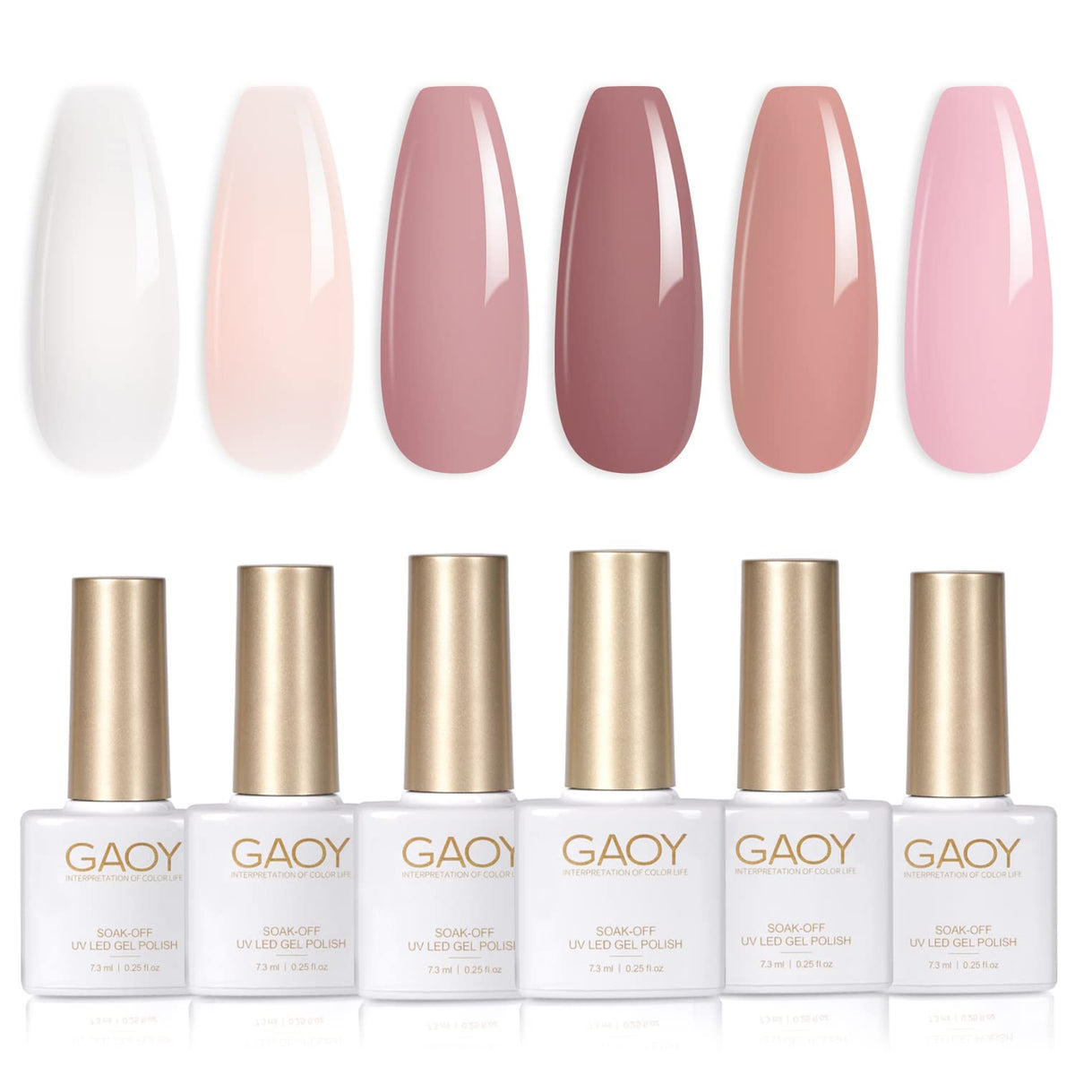 GAOY Pink Nude gel nail polish set packaging showing six neutral shades for at-home salon results.