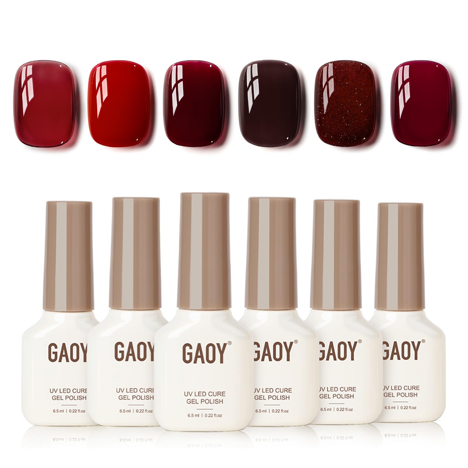 GAOY red gel nail polish set swatches for six color options at home