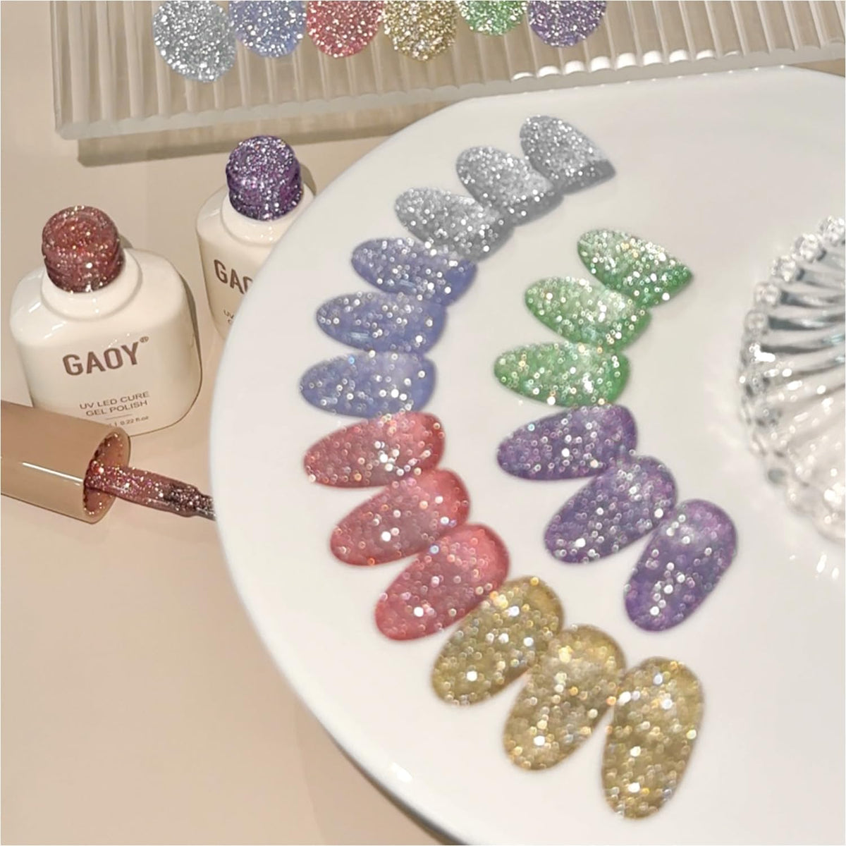 GAOY Reflective Glitter Gel Pink swatch showing vibrant sparkle under flash.
