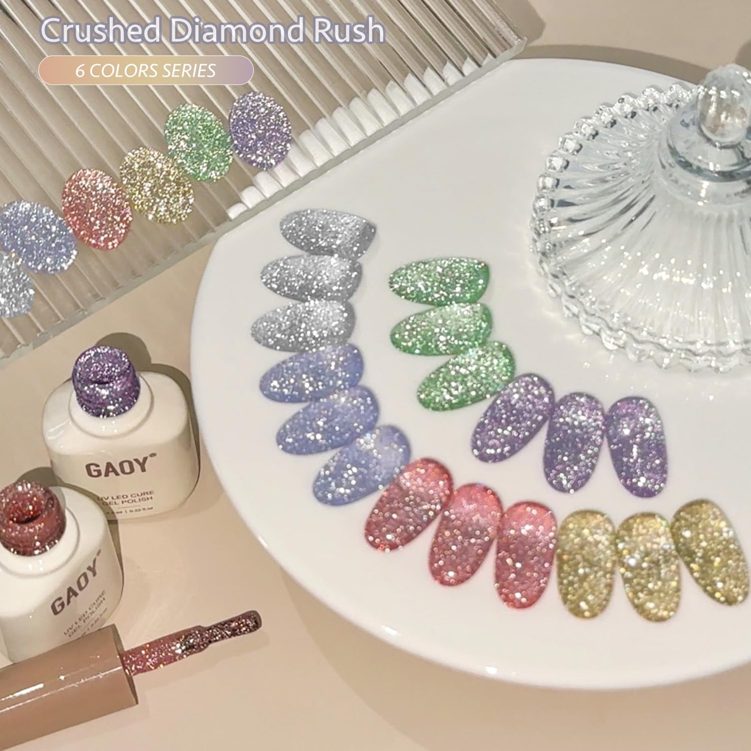 GAOY Reflective Glitter Gel Purple Holo swatch with rainbow sparkle.