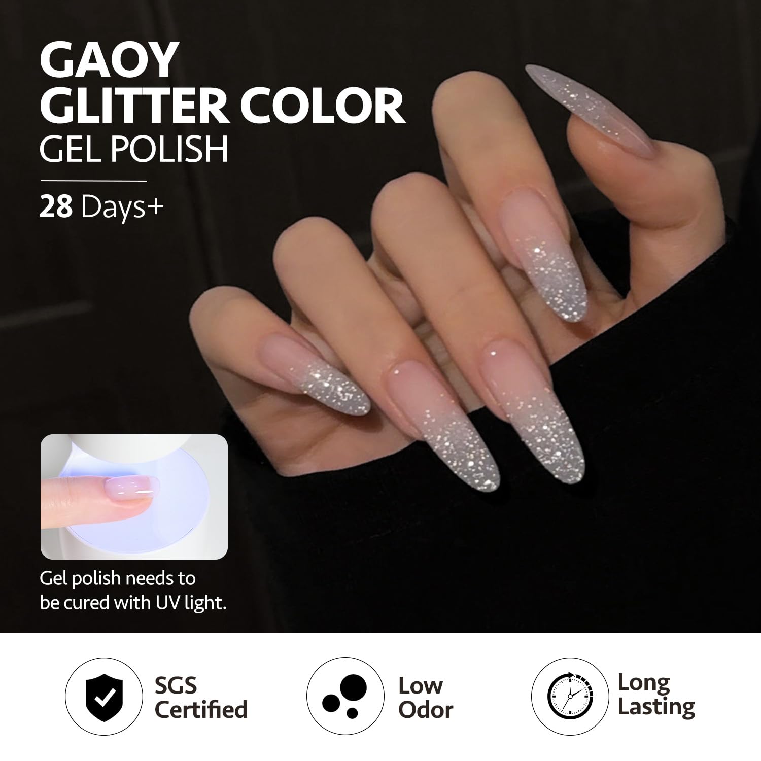 GAOY Reflective Glitter Gel under flash highlights dramatic sparkle and depth.