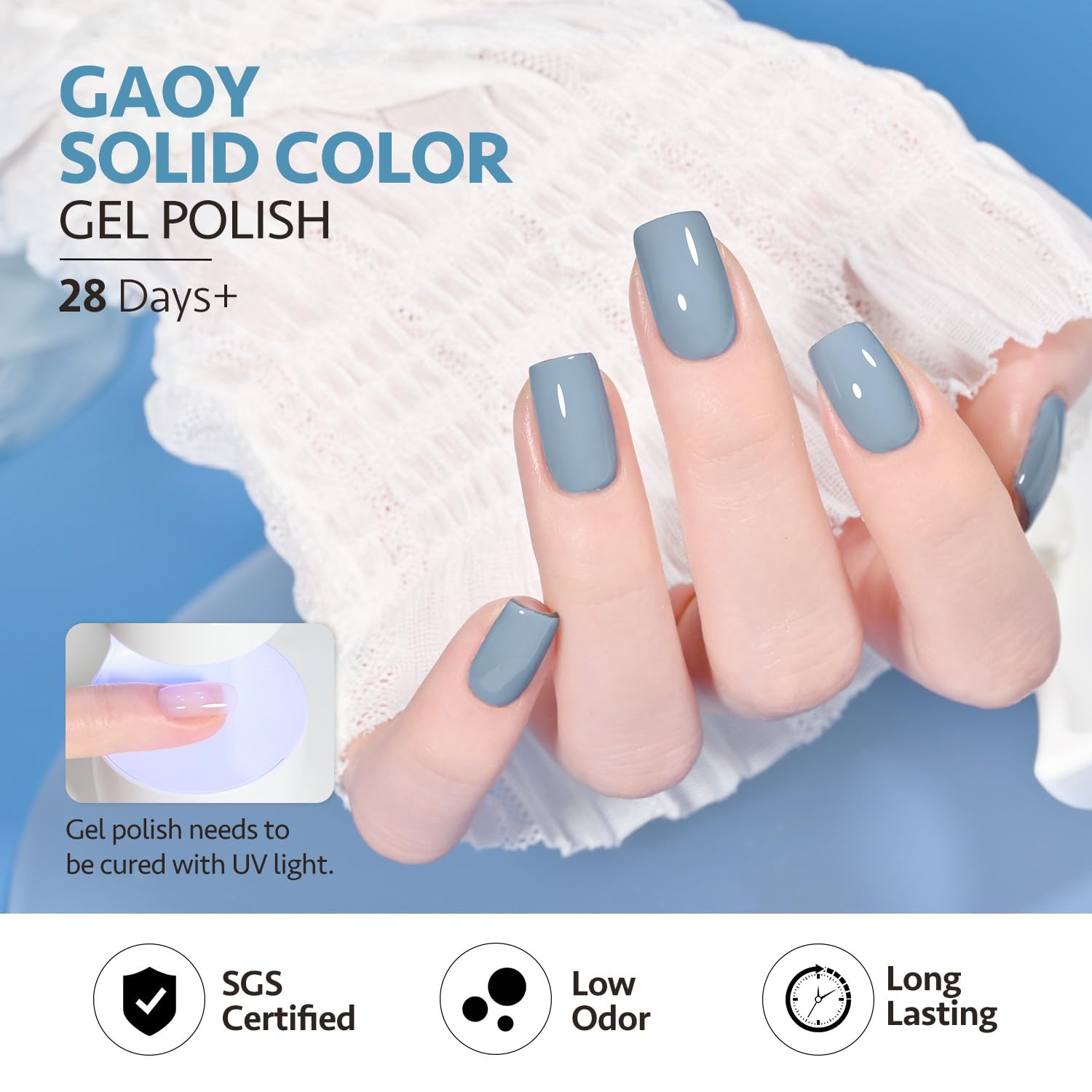 GAOY soak-off gel polish cures under UV light in 60 seconds for quick manicures.