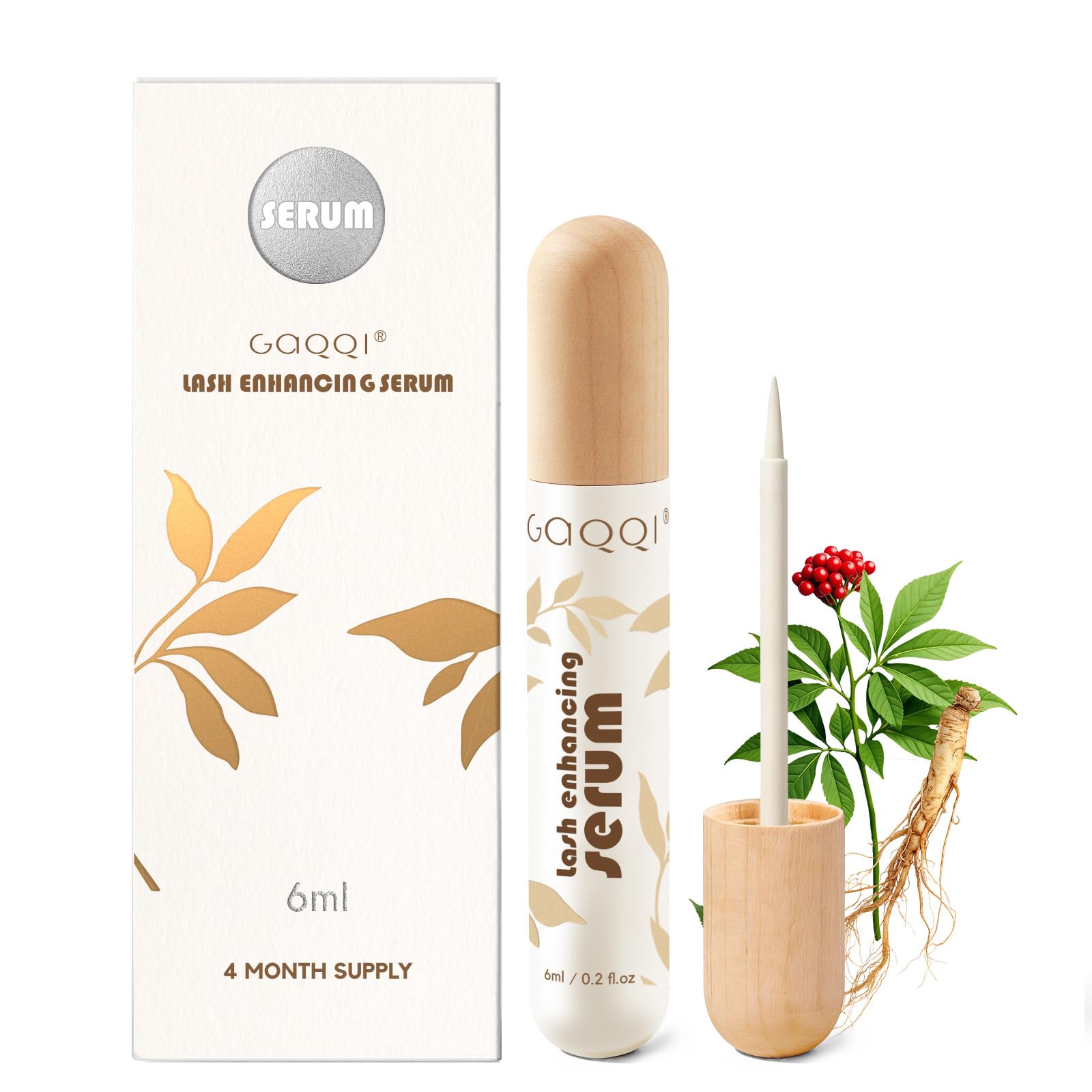 GAQQI lash serum bottle with applicator ready for daily use to boost lash growth.