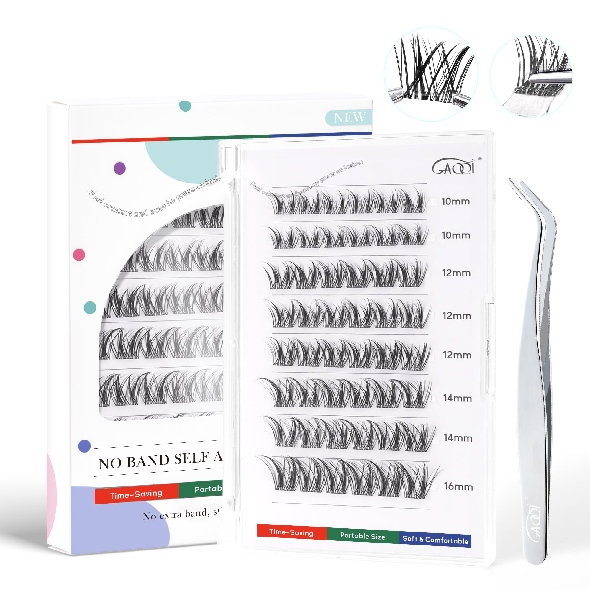 GAQQI self-adhesive eyelash clusters in box for quick, mess-free selection.