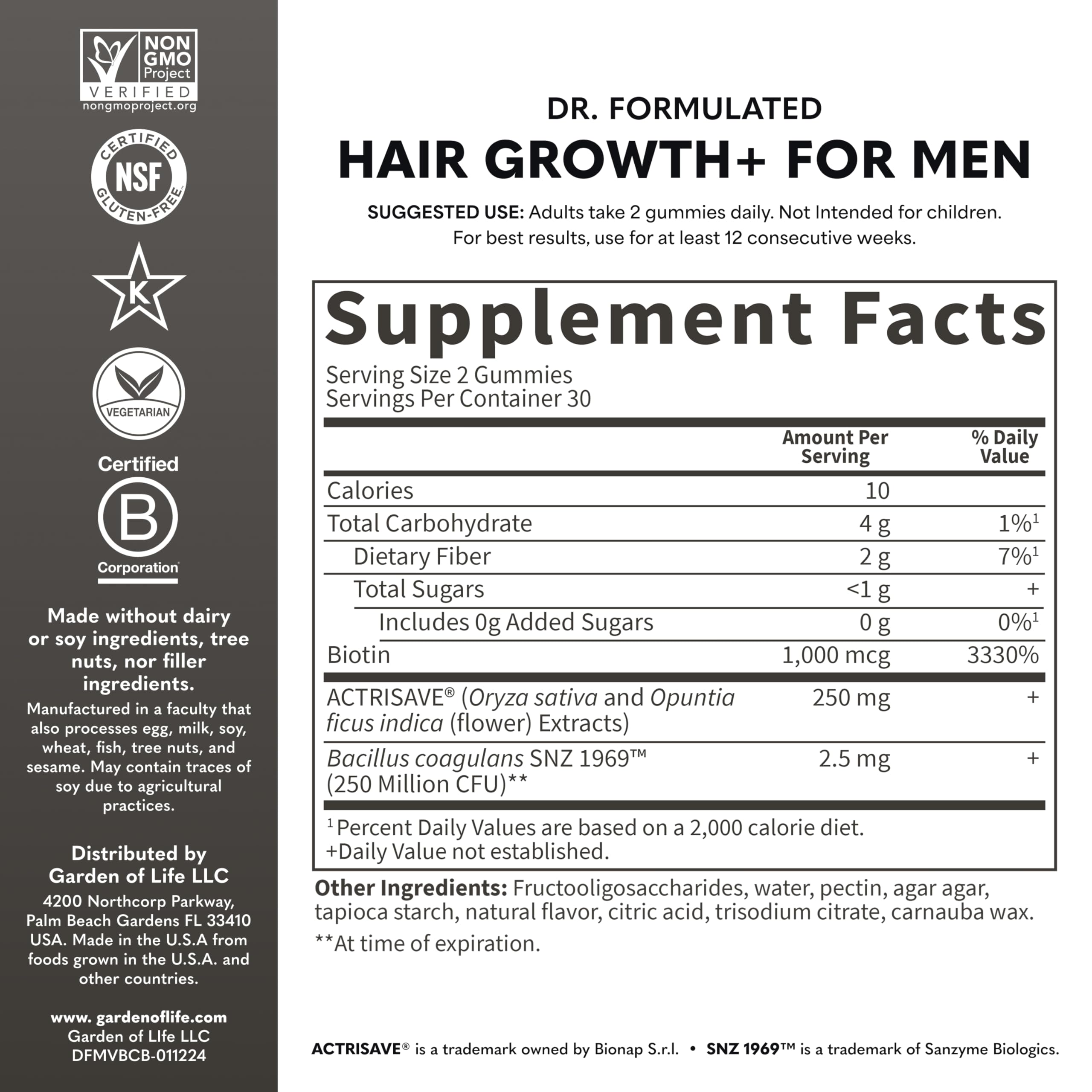 Garden of Life biotin 1,000 mcg graphic, indicates support for healthy hair attributes.