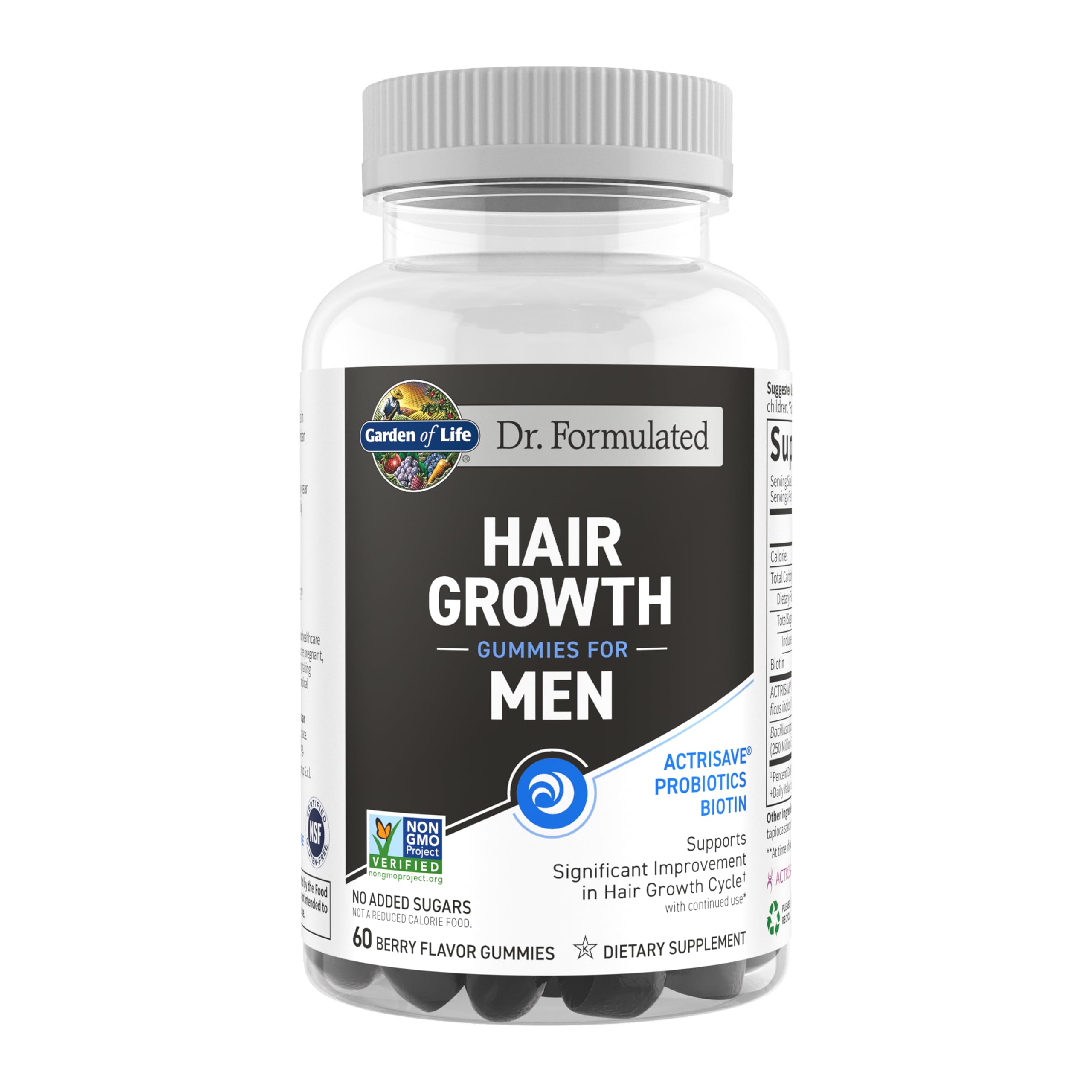 Garden of Life Dr. Formulated Hair Growth Gummies for Men bottle, berry flavor, convenient daily dose.