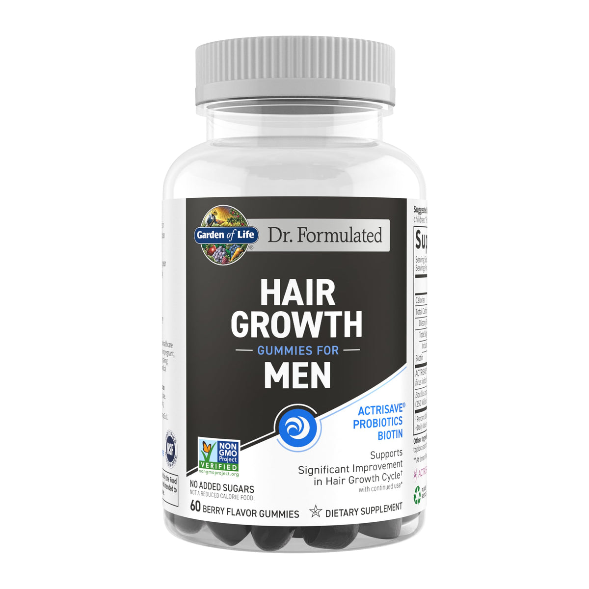 Garden of Life Dr. Formulated Hair Growth Gummies for Men bottle, berry flavor, convenient daily dose.