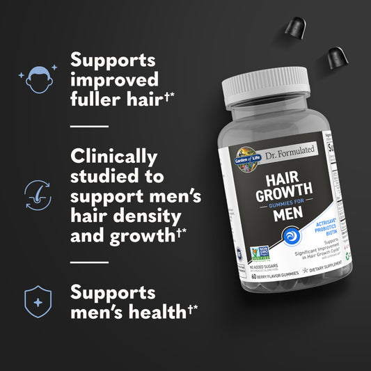 Garden of Life hair growth gummies label closeup, featuring clinically studied extracts for men’s hair support.