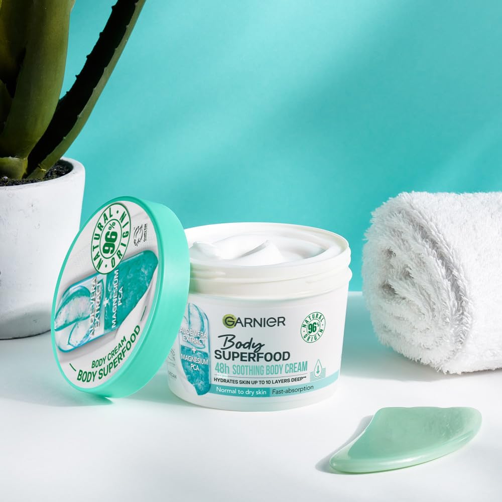 Garnier Body Superfood Aloe cream dispensing scene for easy everyday use.