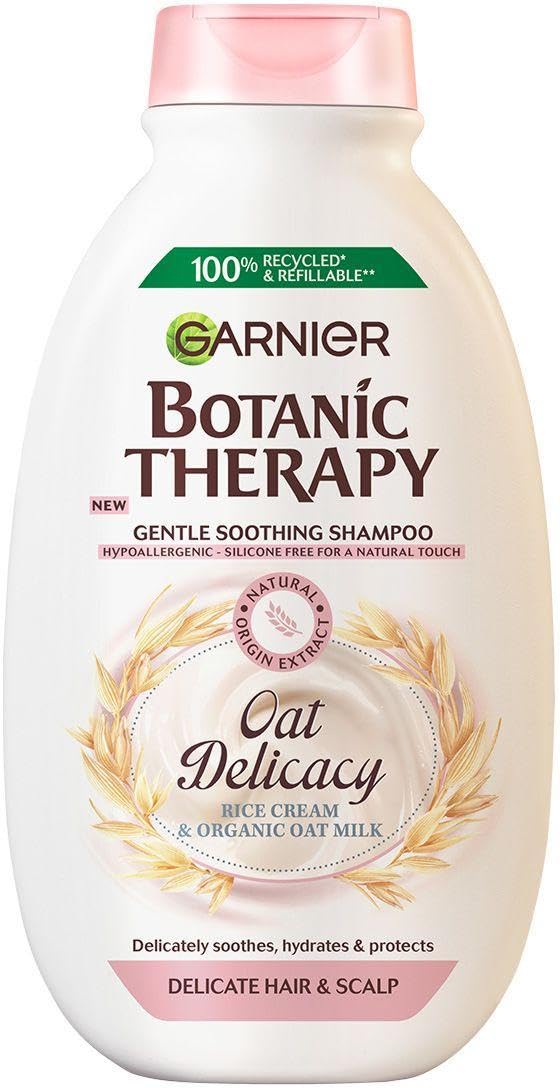 Garnier Botanic Therapy Oat Milk shampoo bottle, gentle soothing for sensitive scalp
