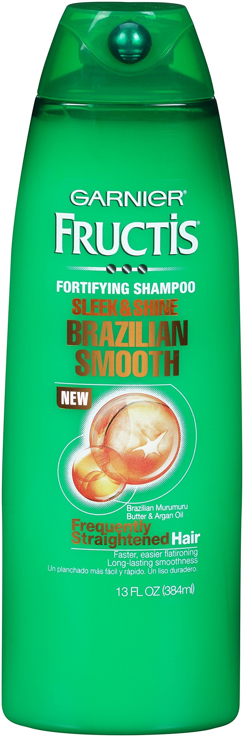 Garnier Fructis Brazilian Smooth Shampoo bottle signaling up to 10x smoother hair.