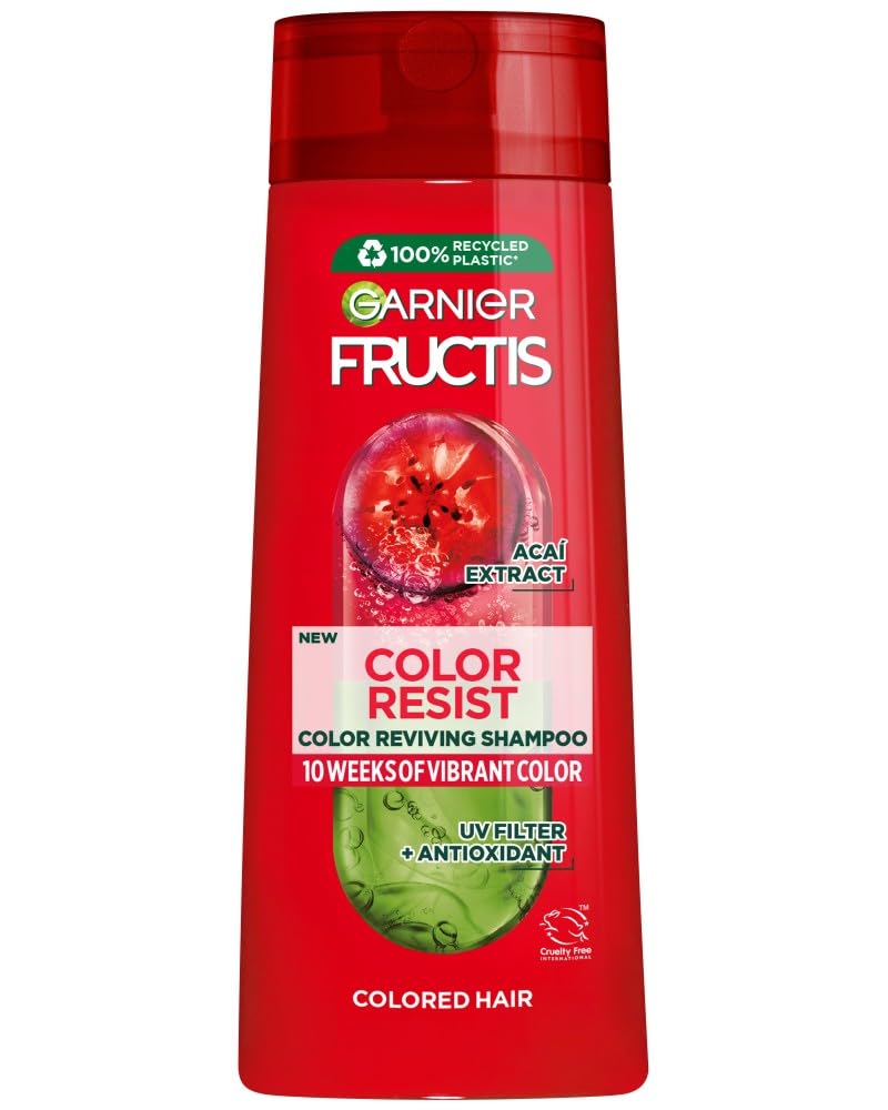 Garnier Fructis Color Resist Shampoo bottle promotes vibrant color and shine.