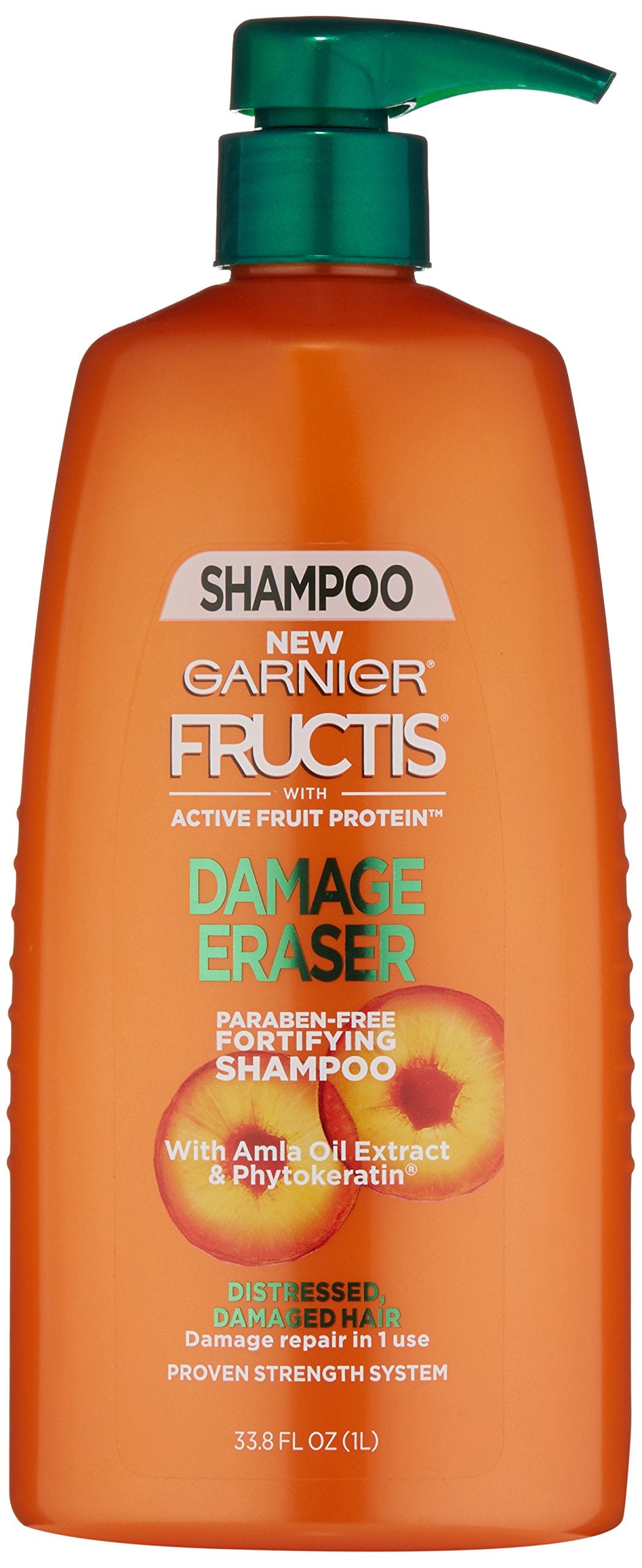 Garnier Fructis Damage Eraser shampoo bottle showing repair-focused formula for damaged hair.